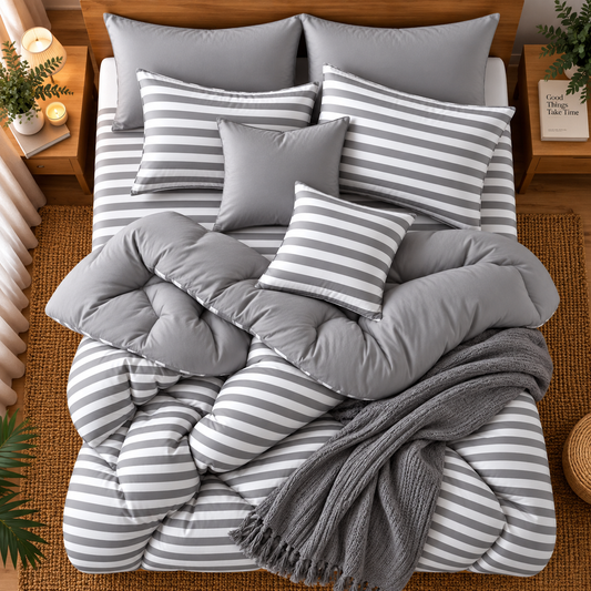 8 PCs Winter Razai Set- Grey Stripes