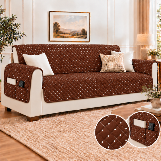 Sofa Cover-Brown Polka With Pockets Sofa Cover Apricot