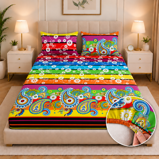 Fitted Bed Sheet-Multi Flowers Fitted Sheets Apricot