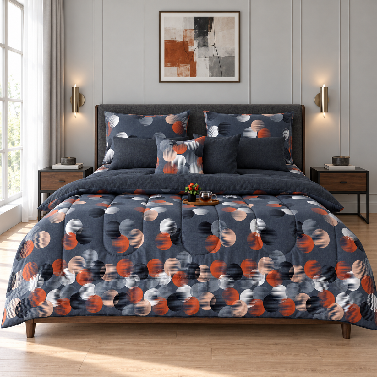 8 PCs Winter Razai Set-Illustration Design Comforters Apricot