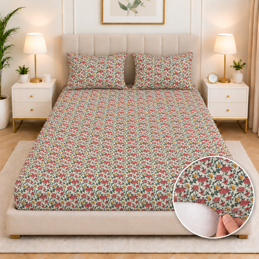 Percale Cotton Fitted Bed Sheet- Ivory Garden
