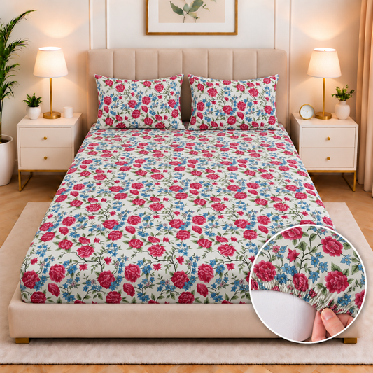 Cotton Fitted Bed Sheet- Ruby Azure