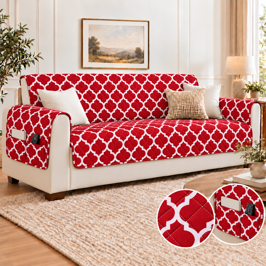 Ultrasonic Sofa Cover-Maroon Geometric With Pockets Sofa Cover Apricot