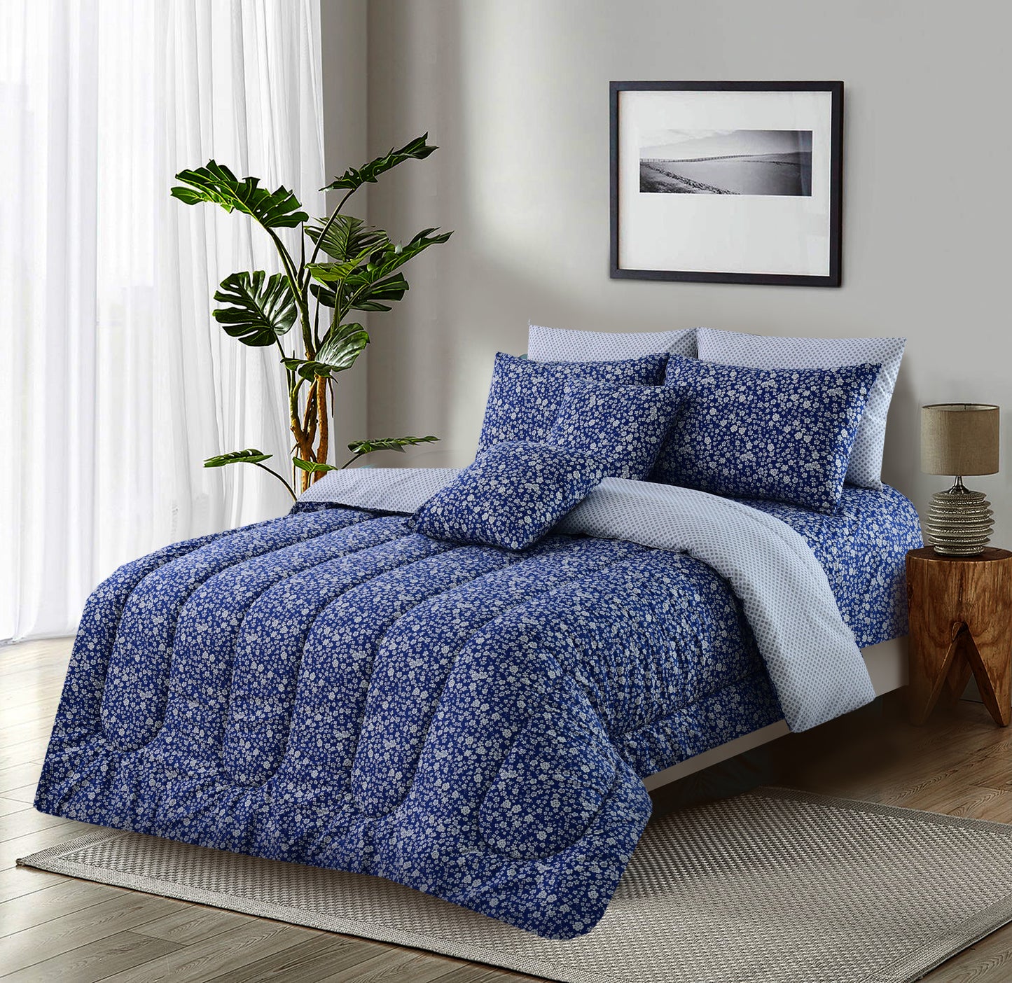 8 PCs Winter Comforter Set-Blue Flowers Comforters Apricot