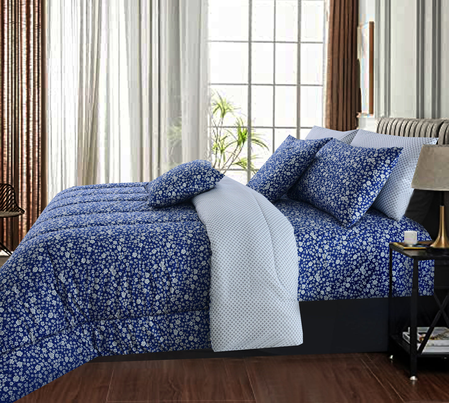 8 PCs Winter Comforter Set-Blue Flowers Comforters Apricot