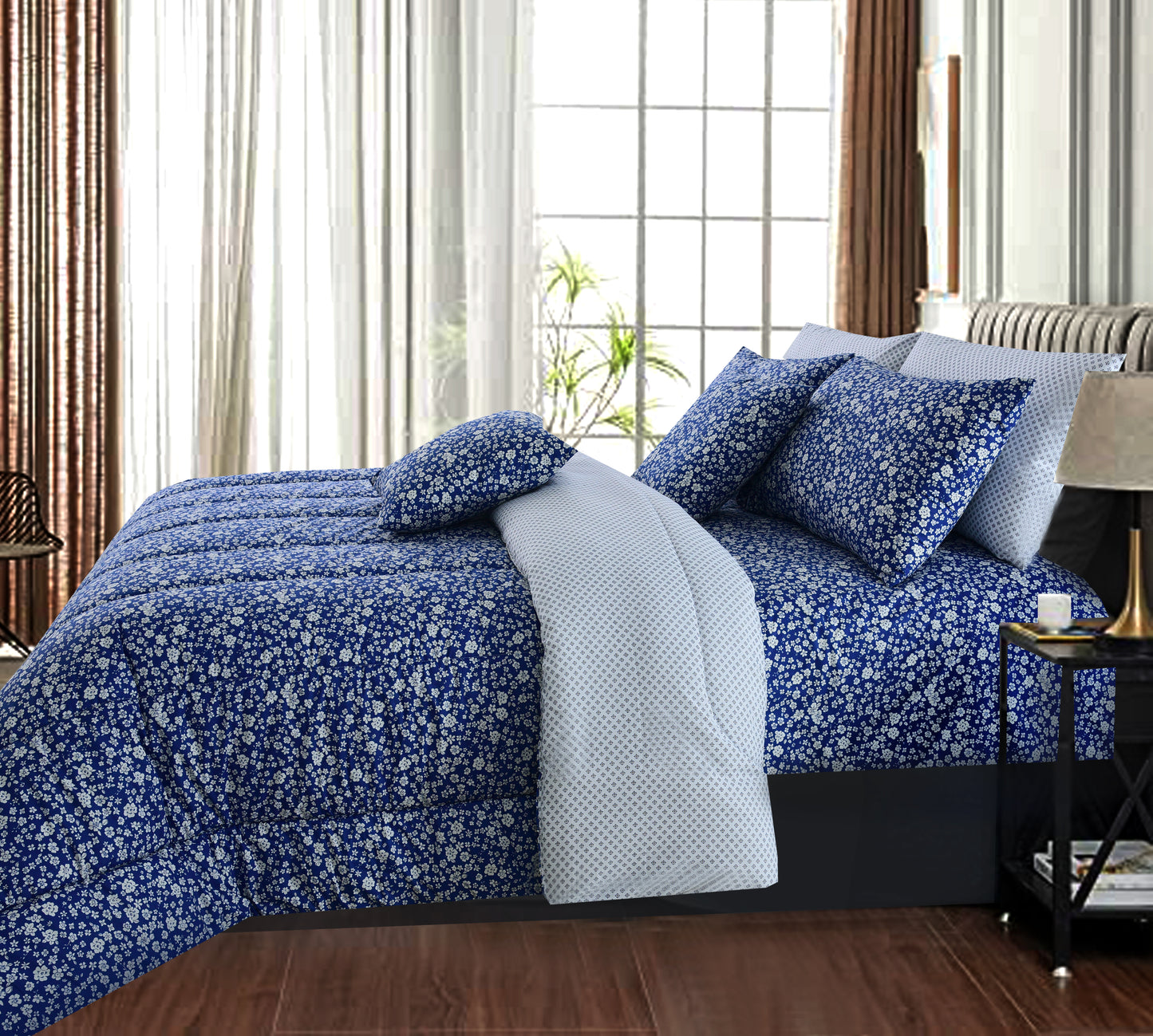 8 PCs Winter Comforter Set-Blue Flowers Comforters Apricot