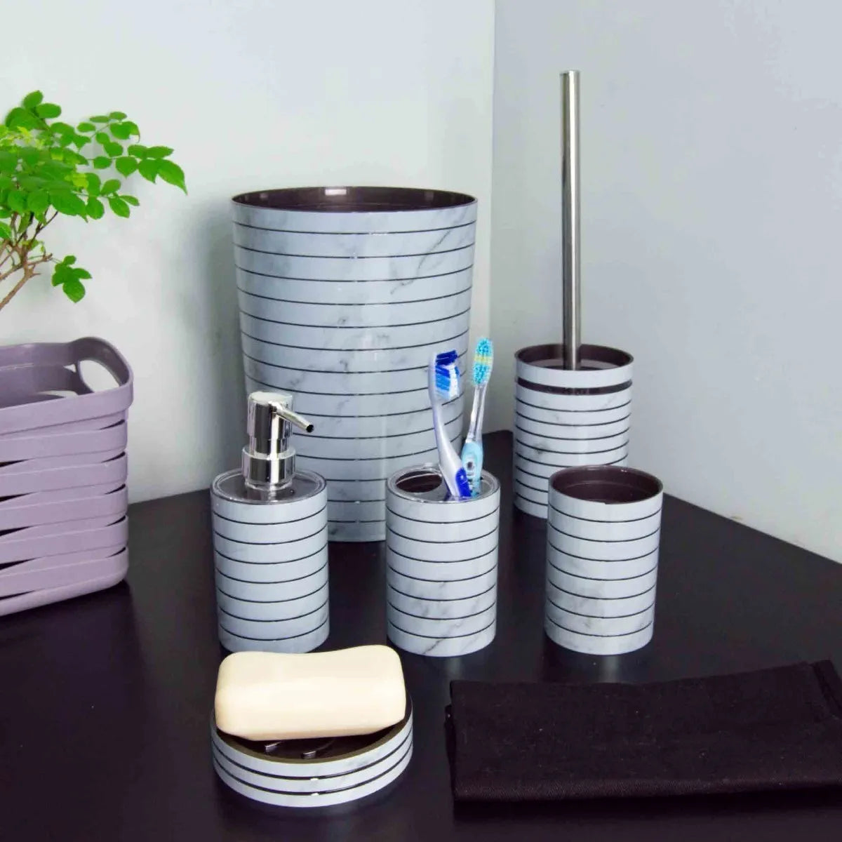 6PVC Bathroom Accessory Set-Embossed Stripe(Grey) Bathroom Accessory Sets Apricot