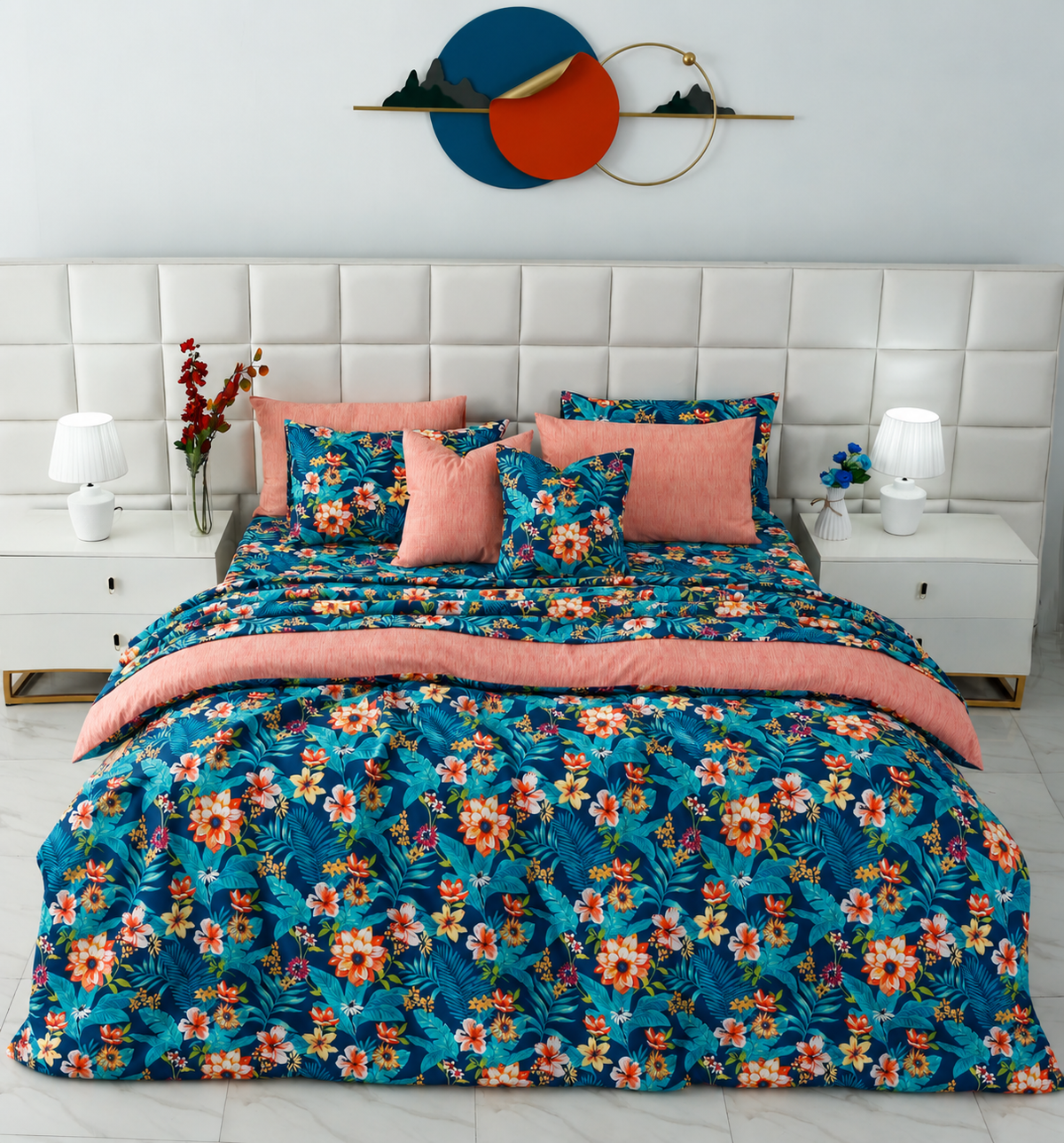 Cotton Quilt Cover- Tropical Tide (With Pink Reverse) Bed Sheets Apricot