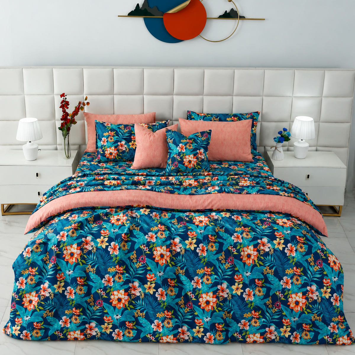 Cotton Quilt Cover- Tropical Tide (With Pink Reverse) Bed Sheets Apricot