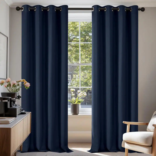2 PCs Blackout Room Curtains-Navy Blue Curtains Apricot