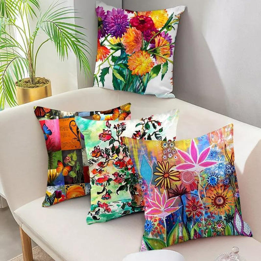 Digital Printed Cushions Assorted 4 PCs-Garden Flowers cushions Apricot   