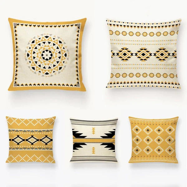 Digital Printed Cushions Assorted 5 PCs-Mustard Geometric cushions Apricot   