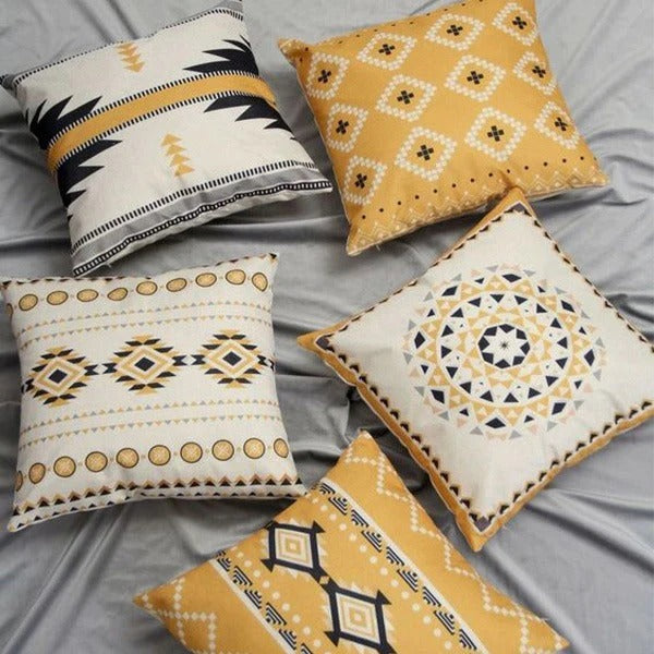 Digital Printed Cushions Assorted 5 PCs-Mustard Geometric cushions Apricot   