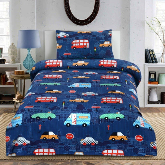 Digital Printed Junior Single Bed Sheet (3607)-Bus Stop kids Bed Sheet Apricot   