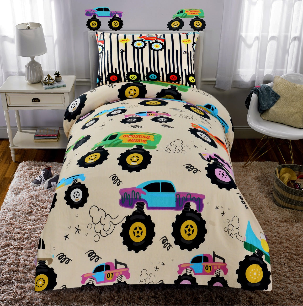 Digital Printed Junior Single Bed Sheet (3890)-Racing truck kids Bed Sheet Apricot   