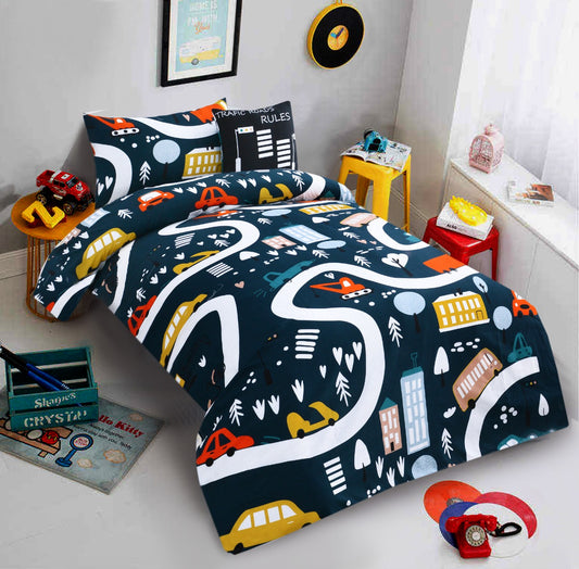 Digital Printed Junior Single Bed Sheet (4720)-Traffic kids Bed Sheet Apricot   