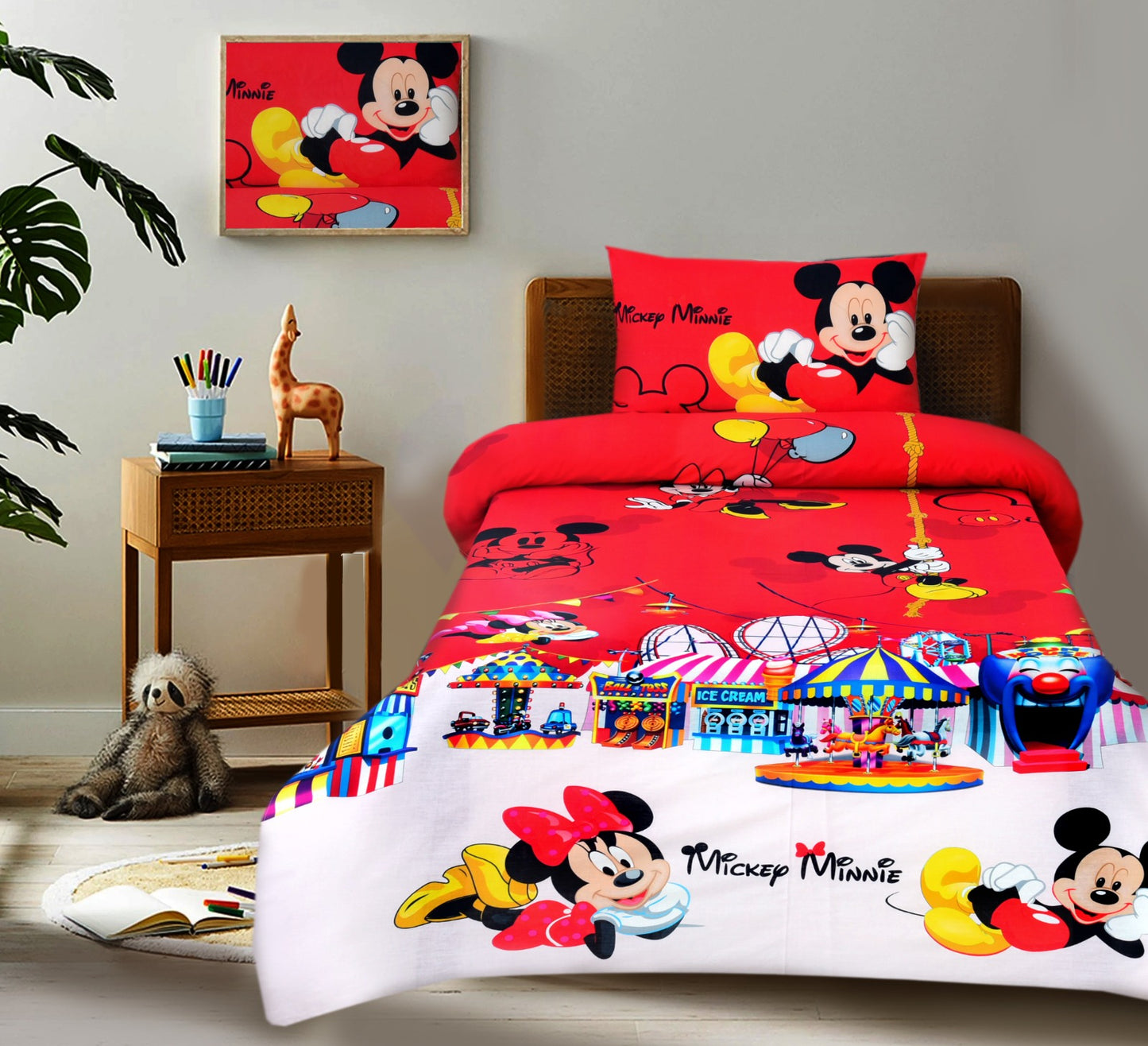 Digital Printed Junior Single Bed Sheet-Mickey Minnie kids Bed Sheet Apricot   