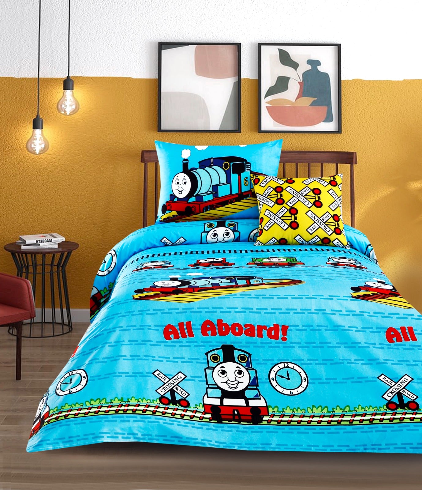 Digital Printed Junior Single Bed Sheet-Train Party kids Bed Sheet Apricot   