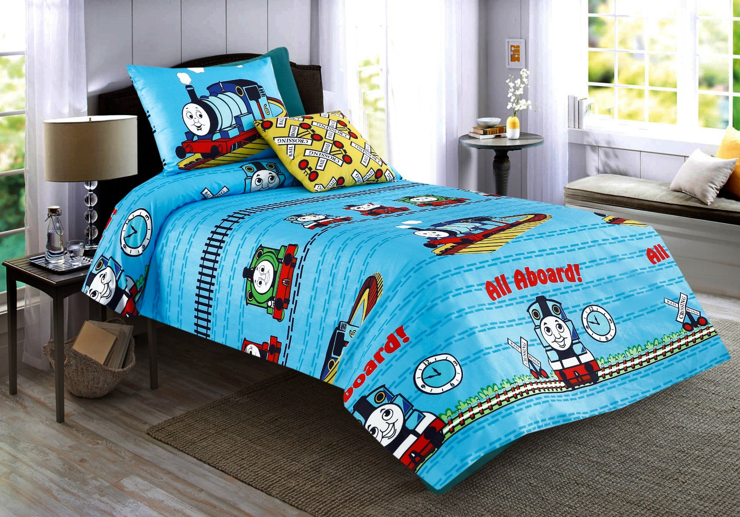 Digital Printed Junior Single Bed Sheet-Train Party kids Bed Sheet Apricot   