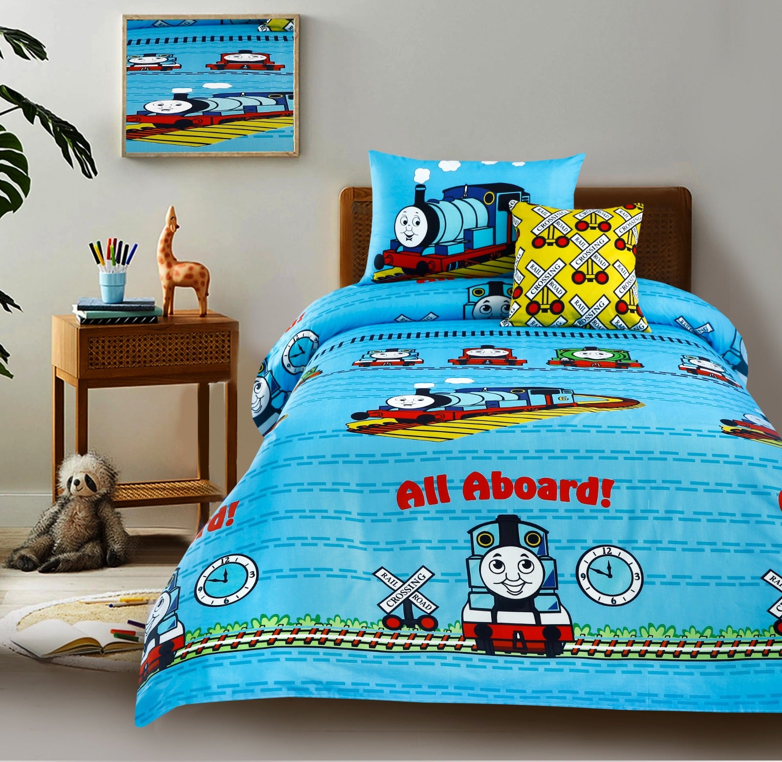 Digital Printed Junior Single Bed Sheet-Train Party kids Bed Sheet Apricot   