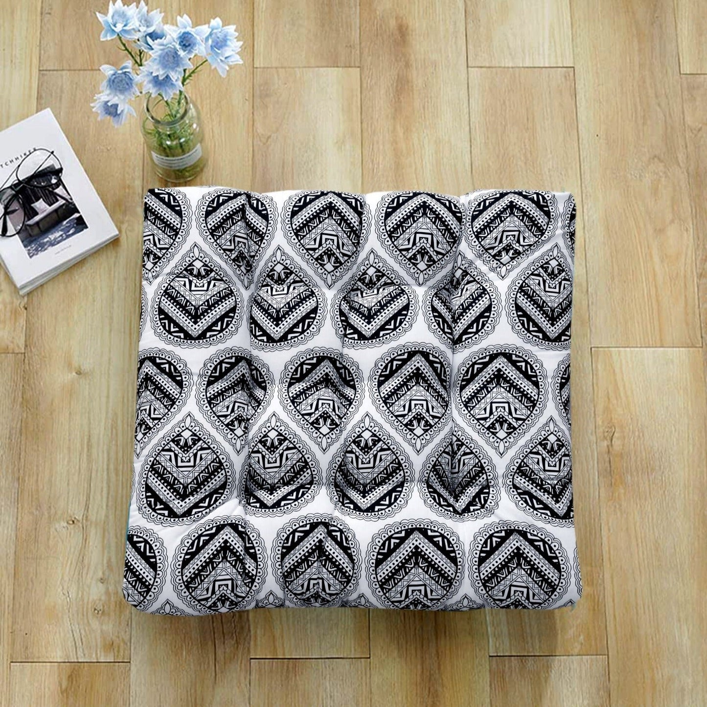 Digital Printed Square Floor Cushions- Black Abstract cushions Apricot   