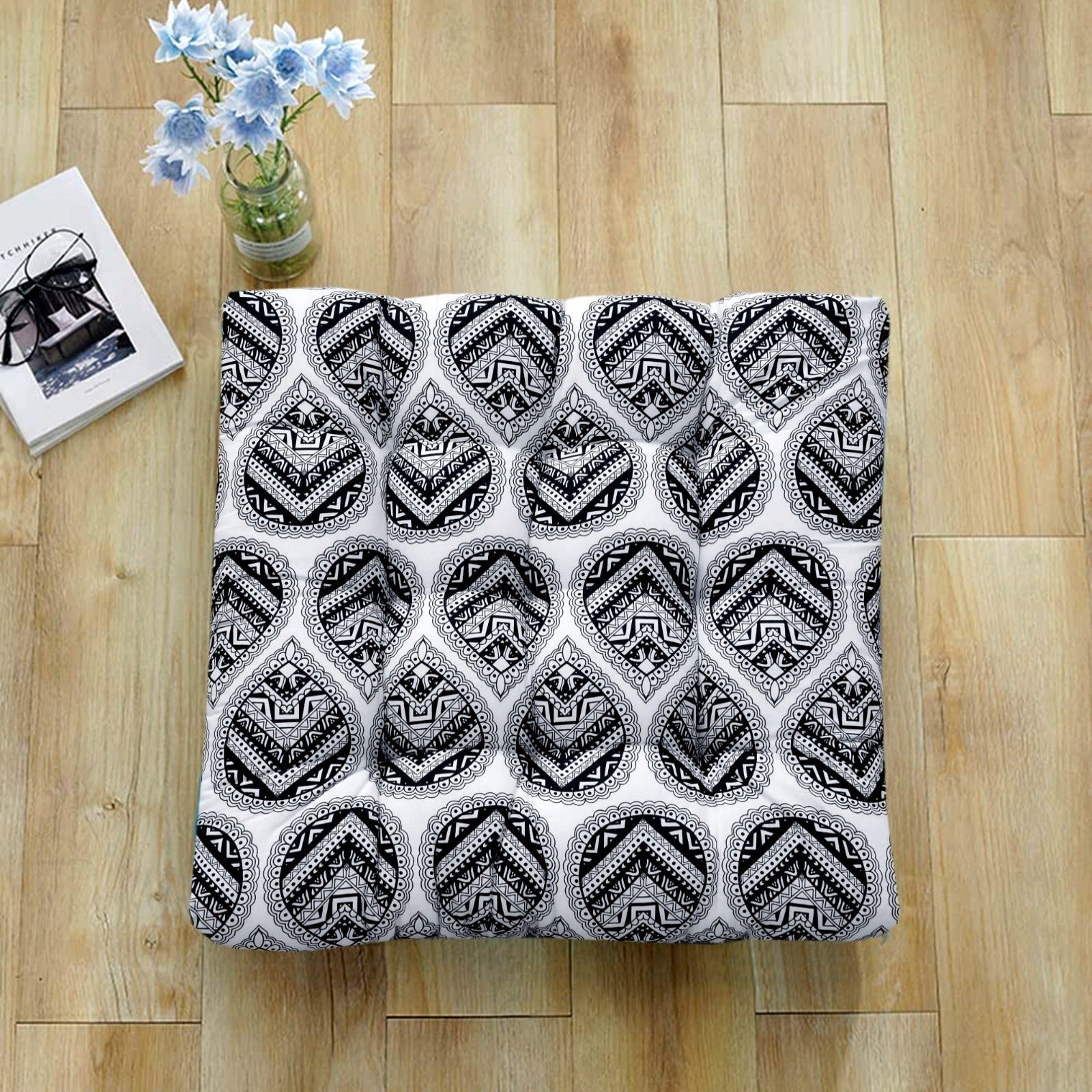 Digital Printed Square Floor Cushions- Black Abstract cushions Apricot   