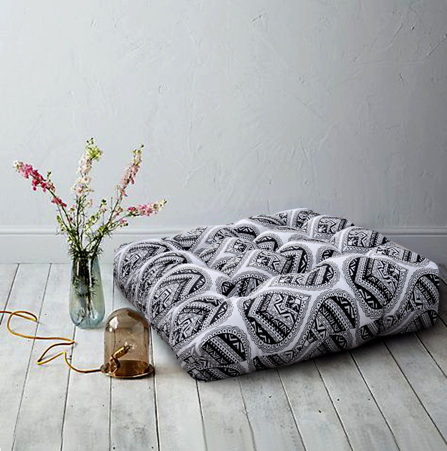 Digital Printed Square Floor Cushions- Black Abstract cushions Apricot   