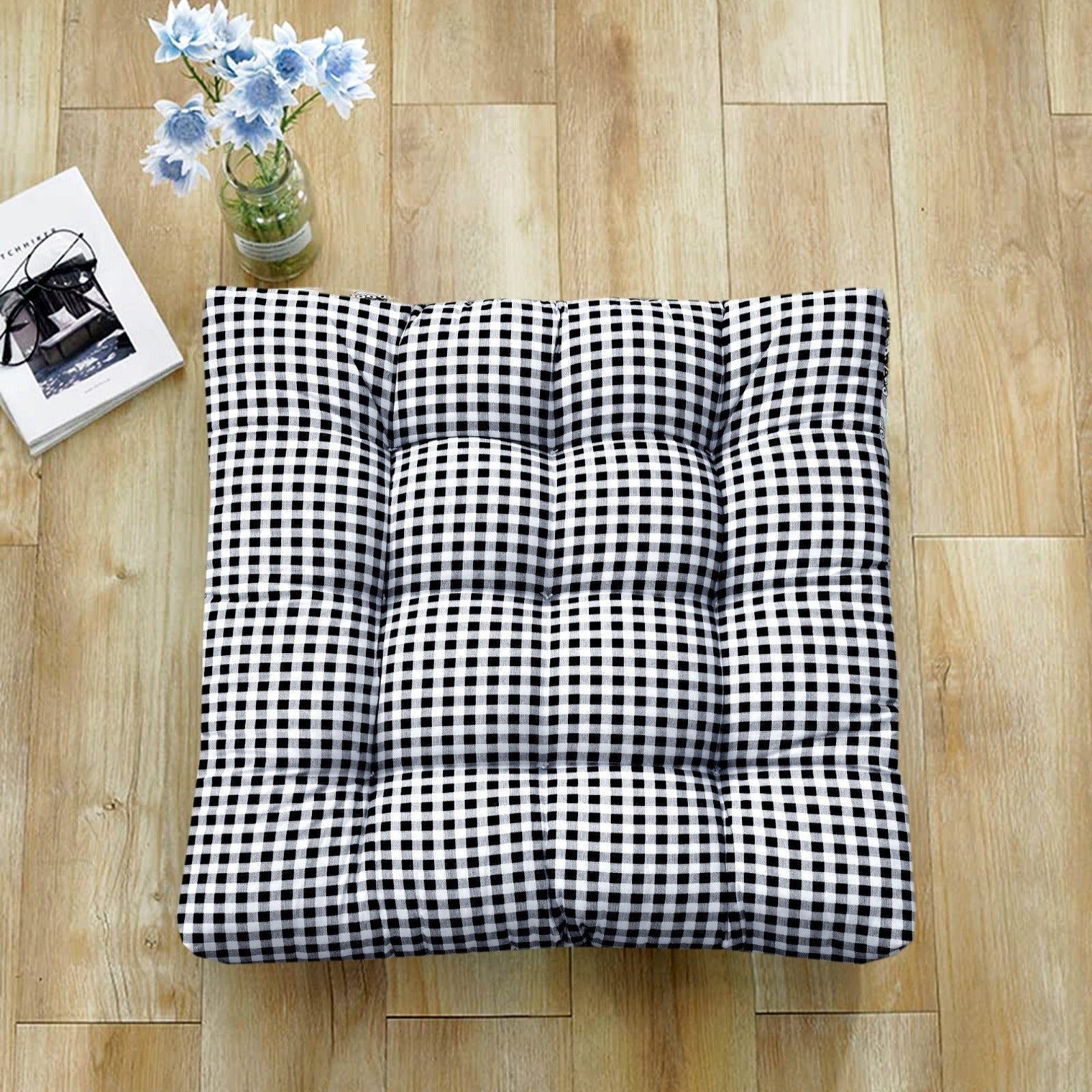 Digital Printed Square Floor Cushions- Black Check cushions Apricot   