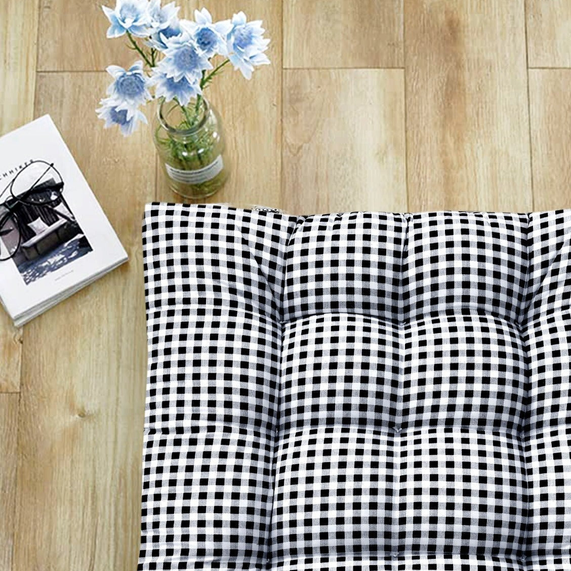 Digital Printed Square Floor Cushions- Black Check cushions Apricot   