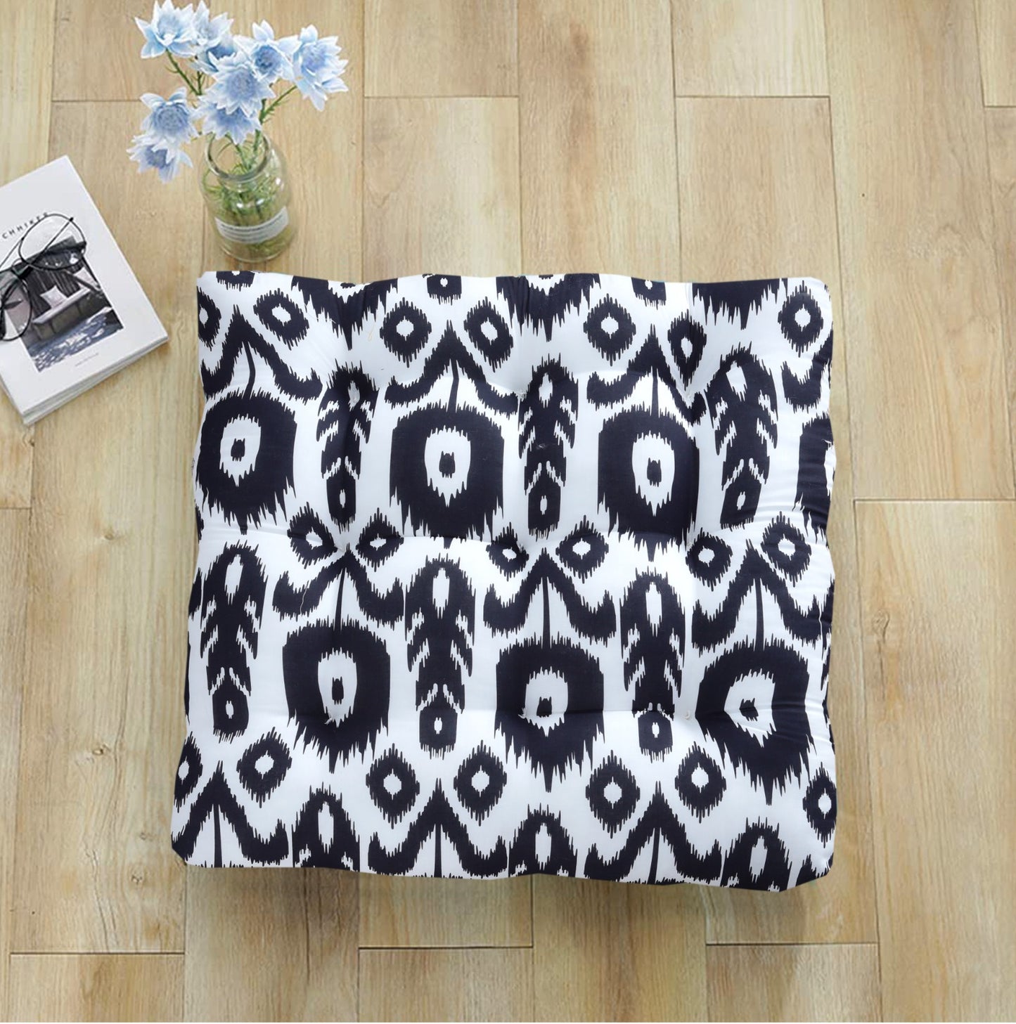 Digital Printed Square Floor Cushions-Black & White cushions Apricot   