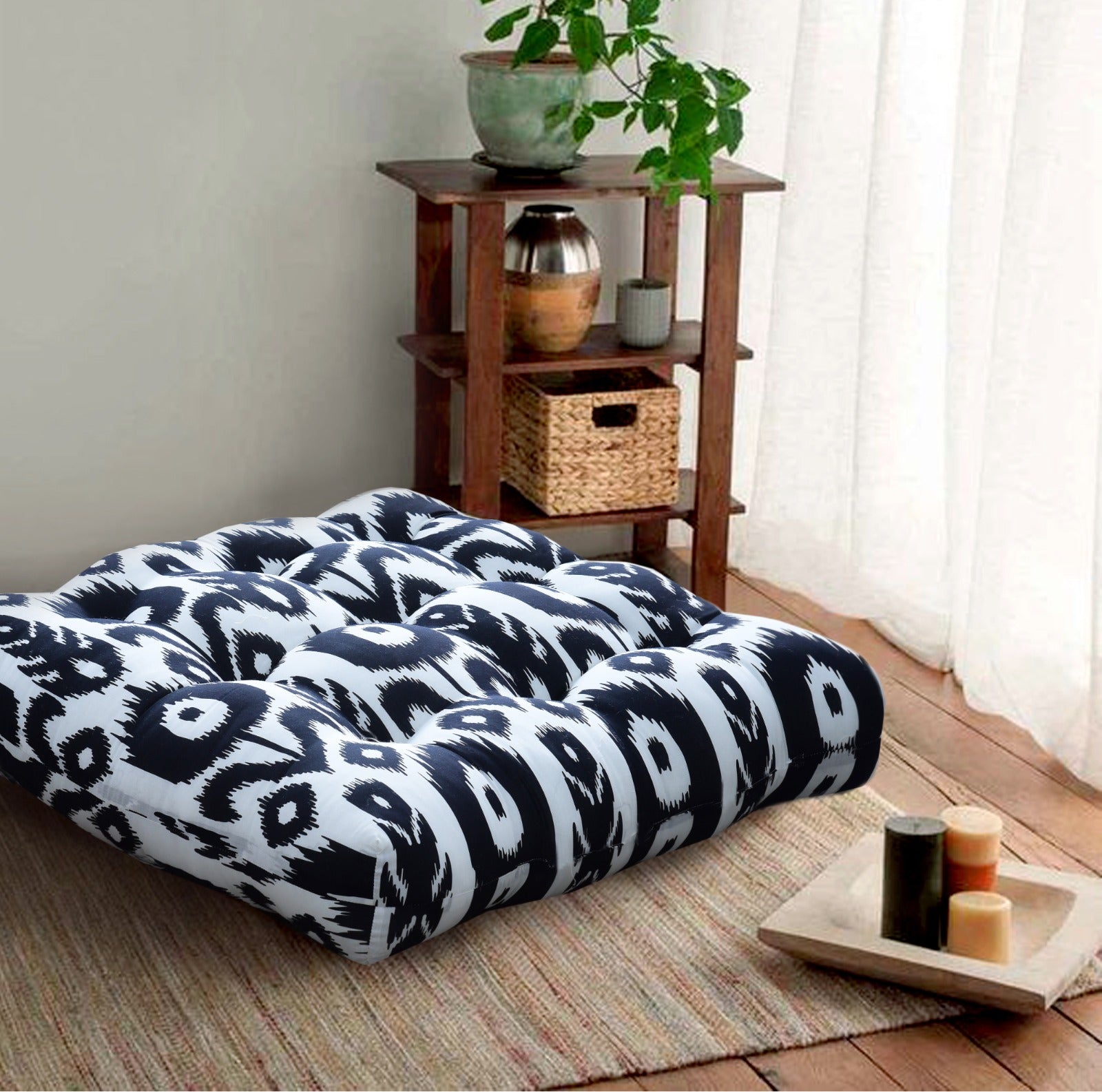 Digital Printed Square Floor Cushions-Black & White cushions Apricot   