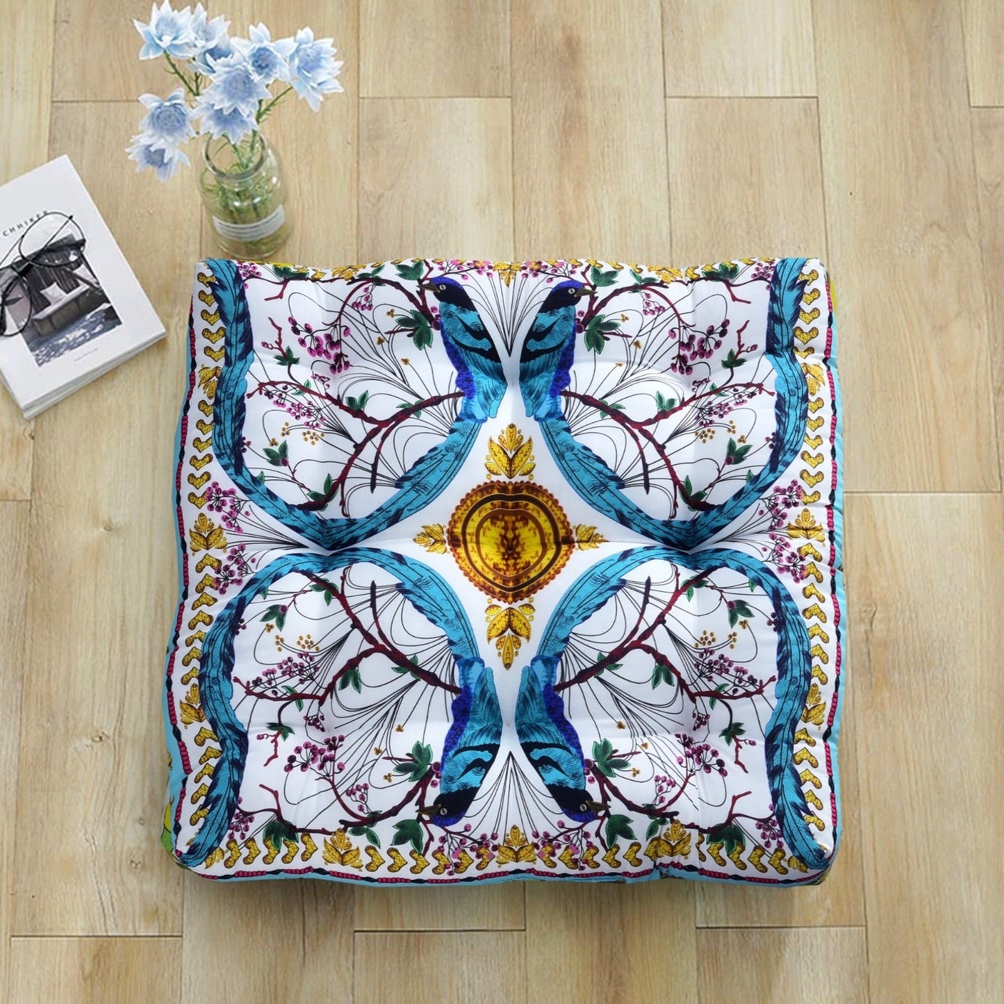 Digital Printed Square Floor Cushions- Blue Sparrow cushions Apricot 1 PC  