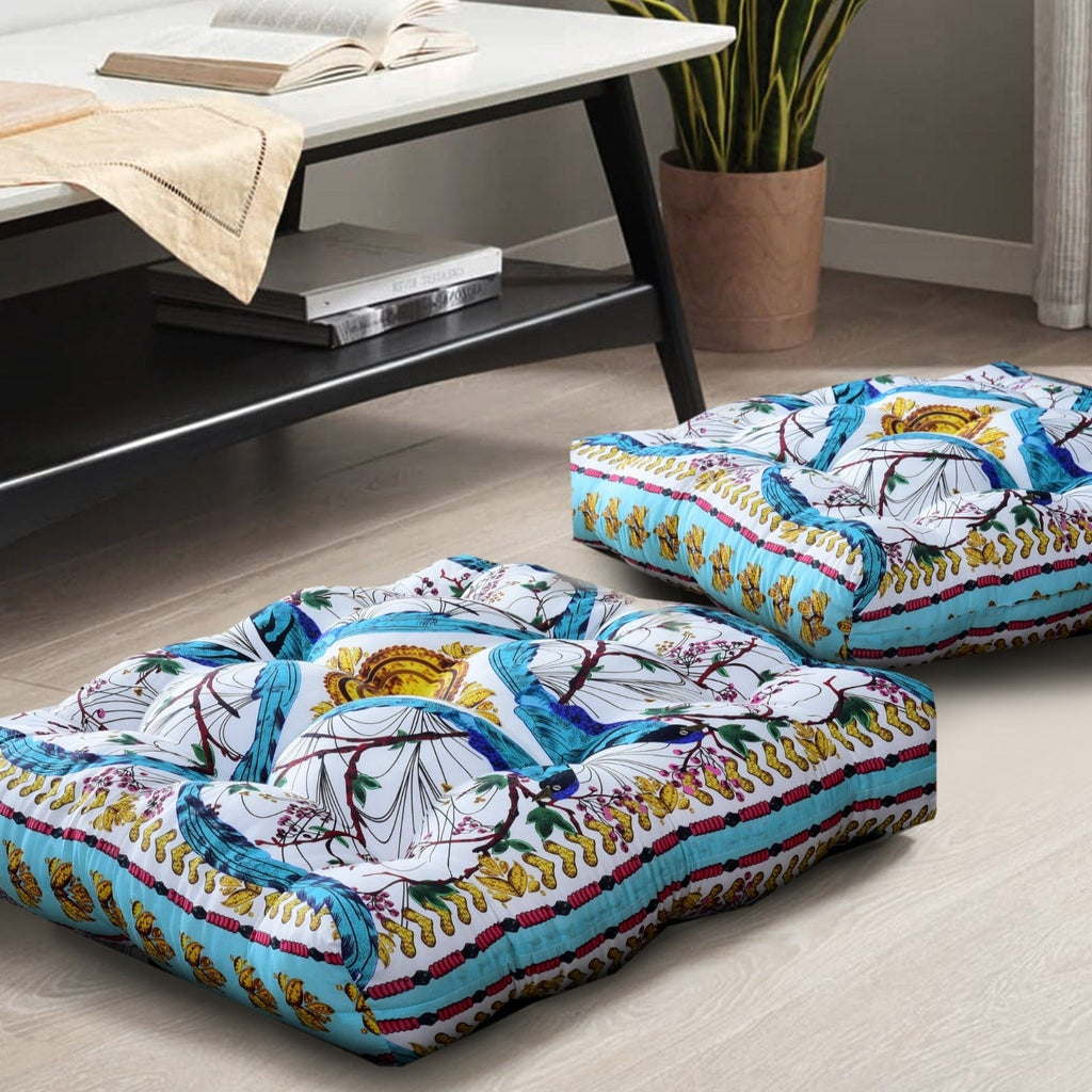 Digital Printed Square Floor Cushions-Blue Sparrows Apricot