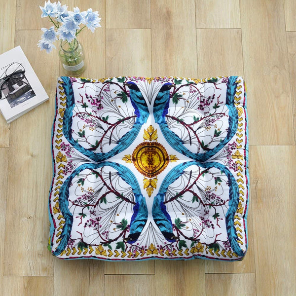 Digital Printed Square Floor Cushions-Blue Sparrows Apricot