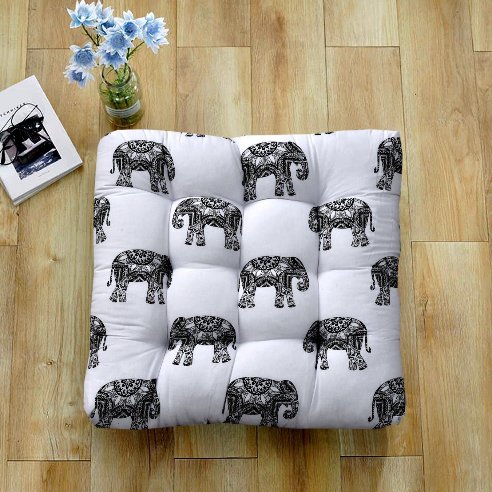 Digital Printed Square Floor Cushions- Elephants cushions Apricot   