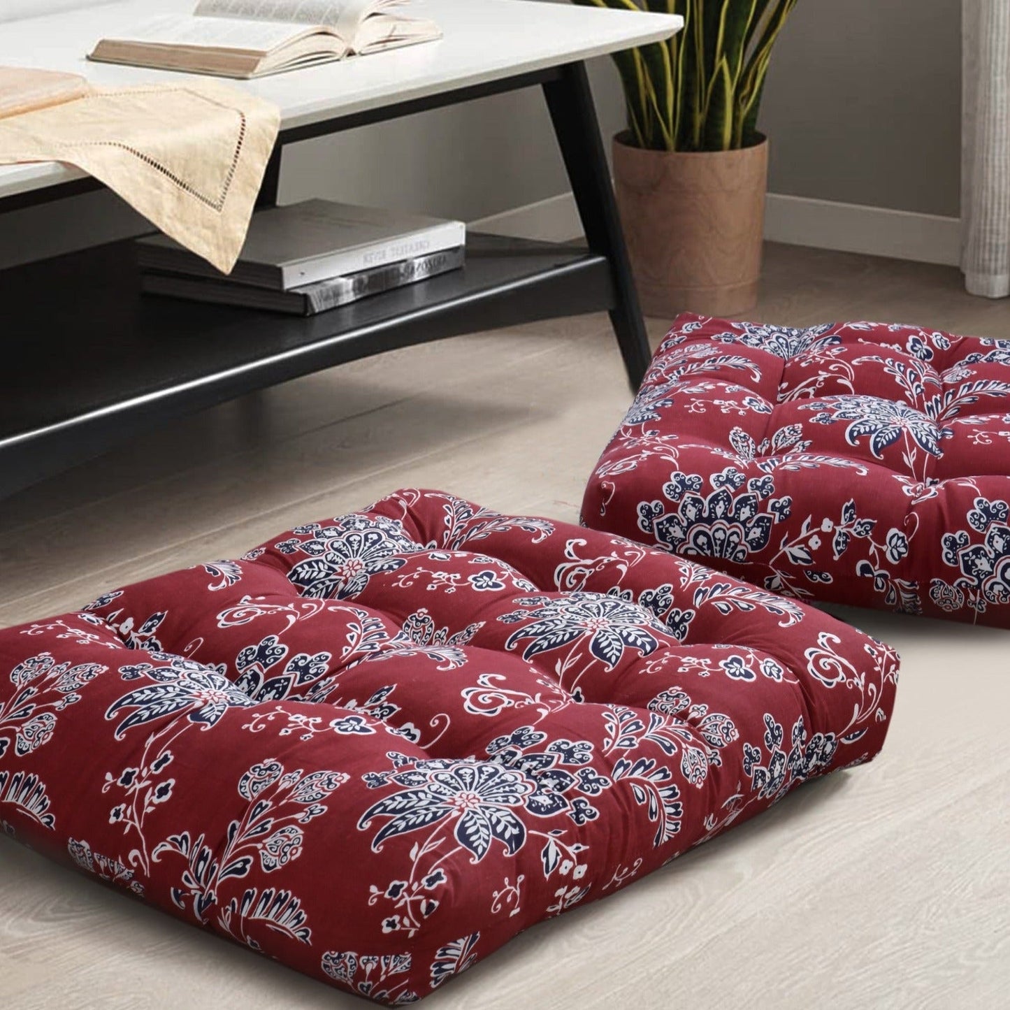 Digital Printed Square Floor Cushions- Maroon Floral cushions Apricot   