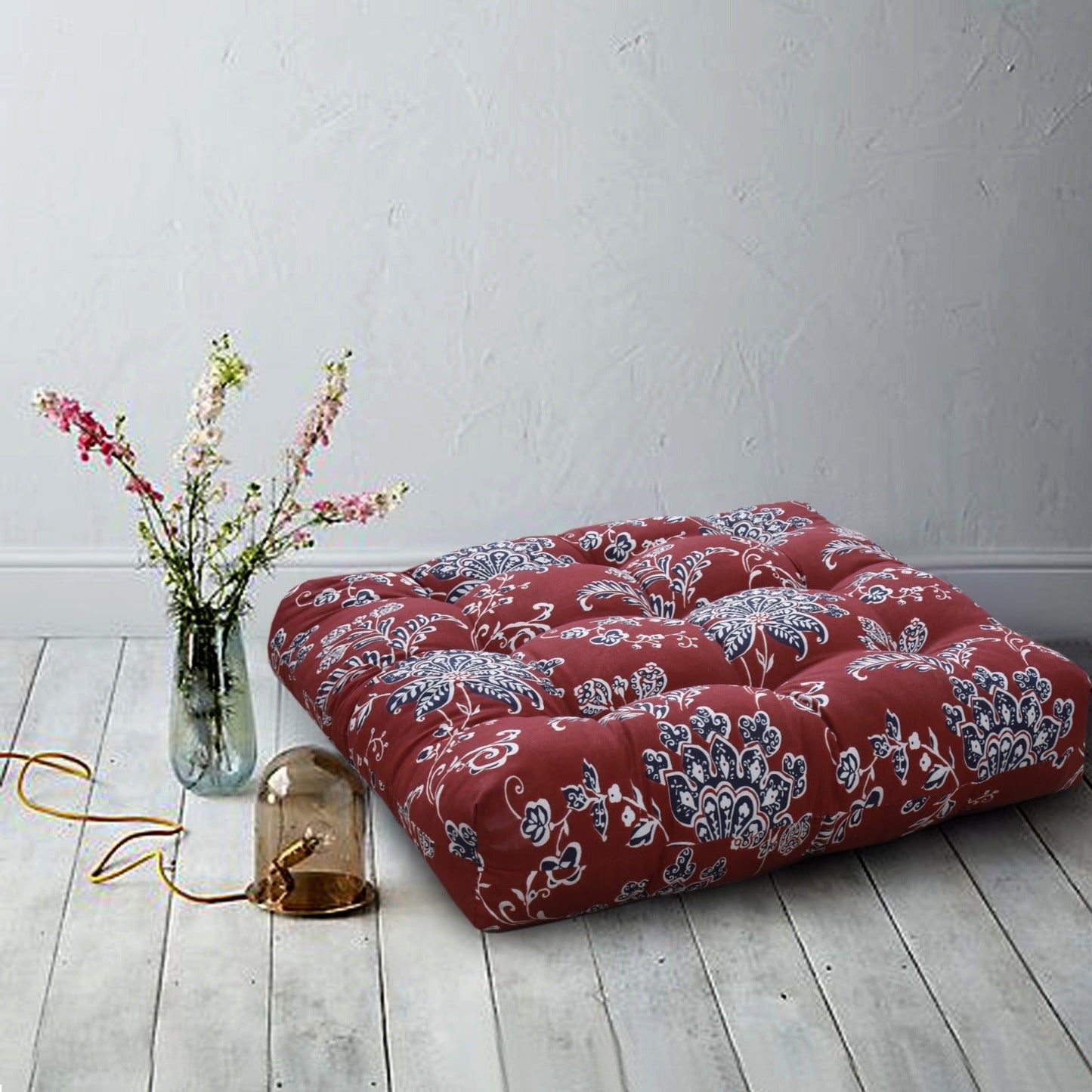 Digital Printed Square Floor Cushions- Maroon Floral cushions Apricot   