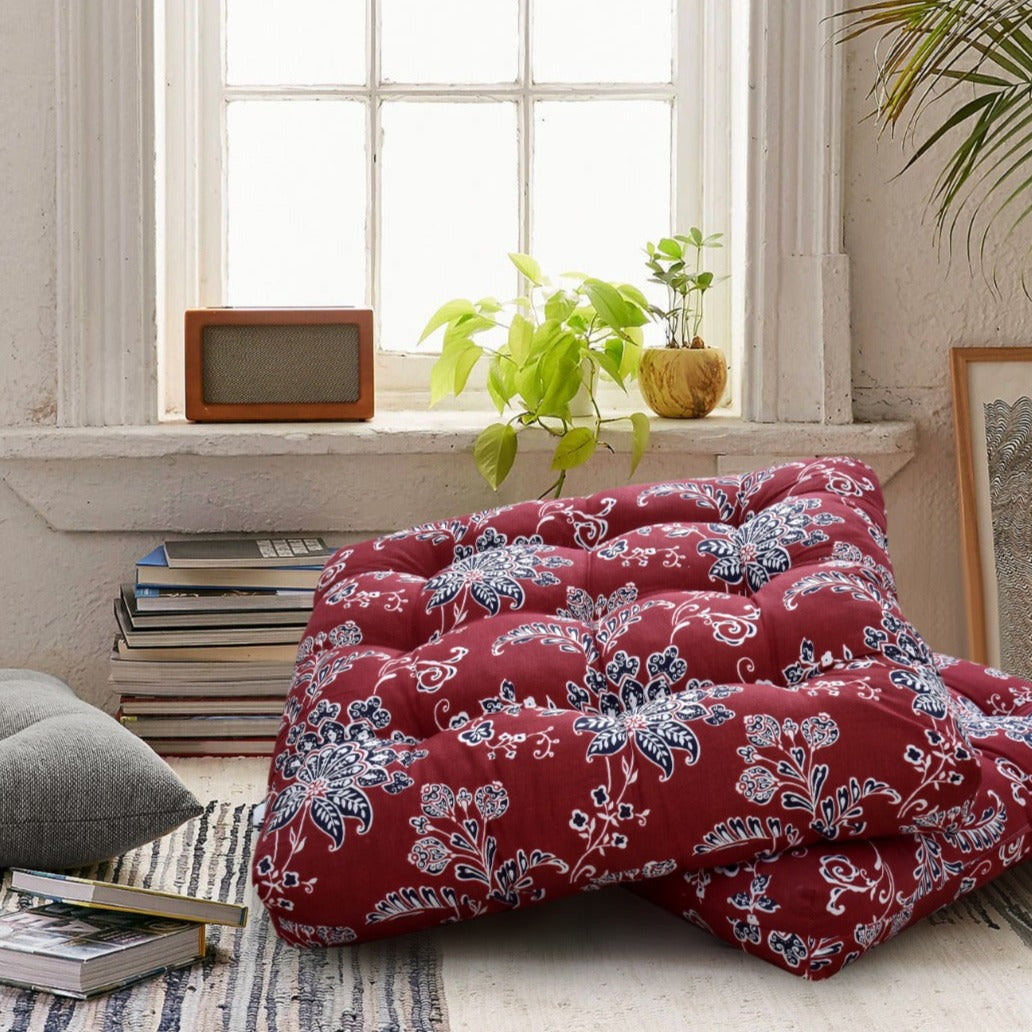 Digital Printed Square Floor Cushions- Maroon Floral cushions Apricot   