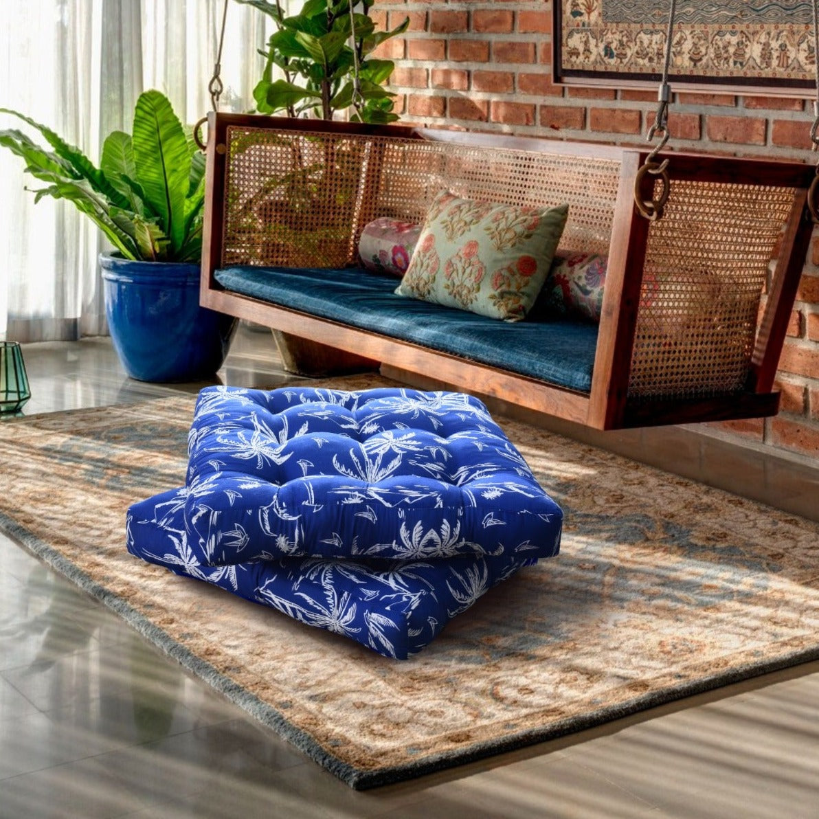 Digital Printed Square Floor Cushions- Palm Tree cushions Apricot 2 PC  