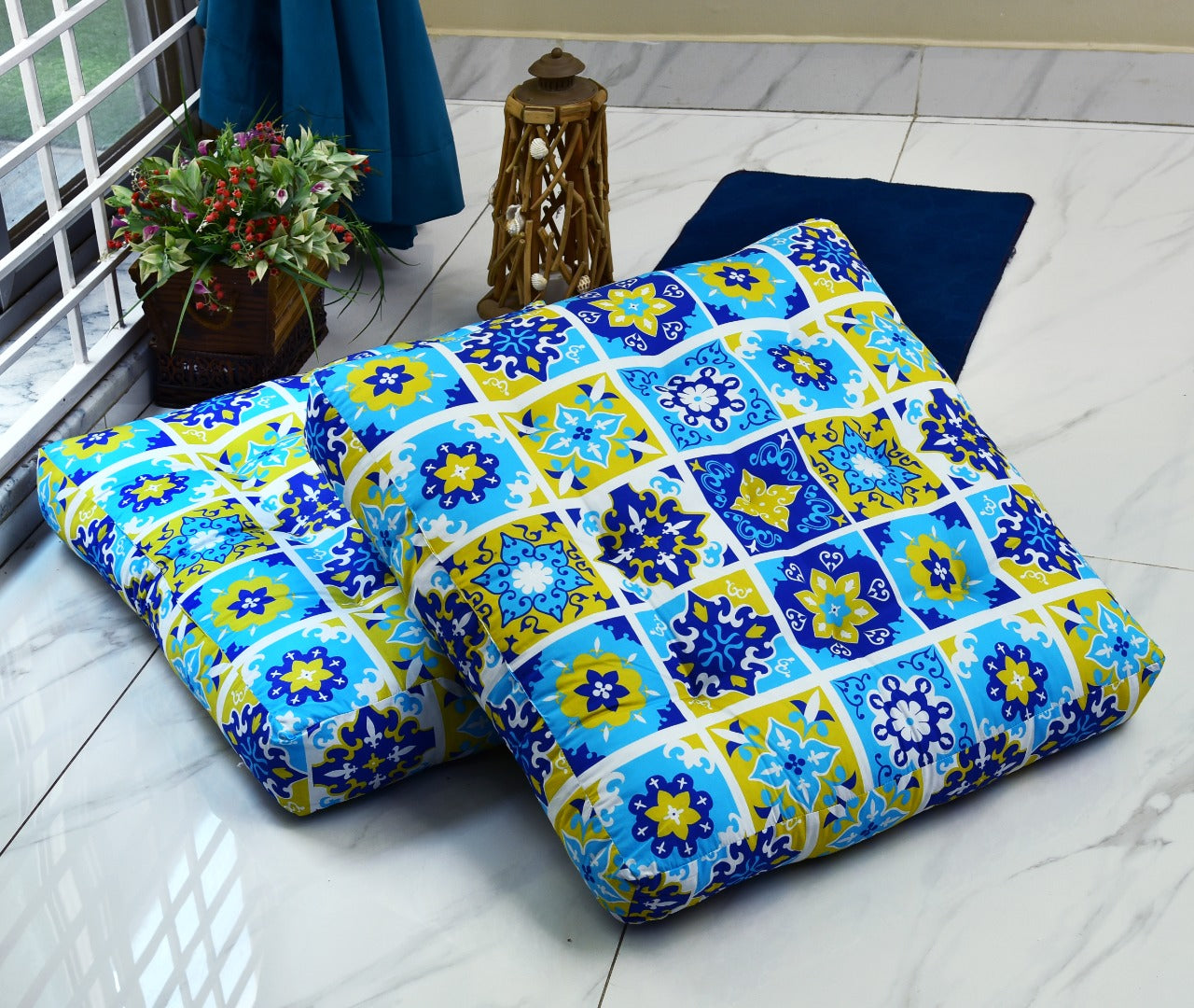 Digital Printed Square Floor Cushions-Patch Art cushions Apricot   