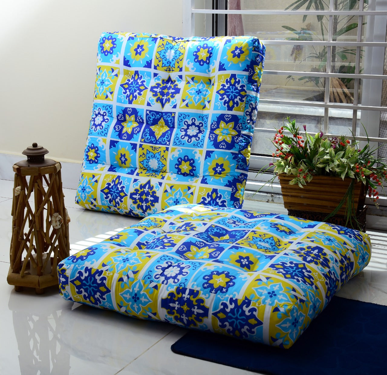 Digital Printed Square Floor Cushions-Patch Art cushions Apricot   