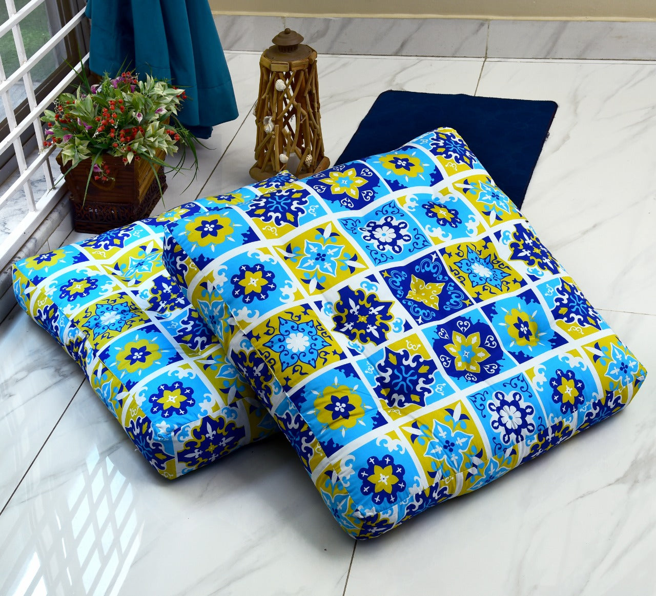 Digital Printed Square Floor Cushions-Patch Art cushions Apricot   