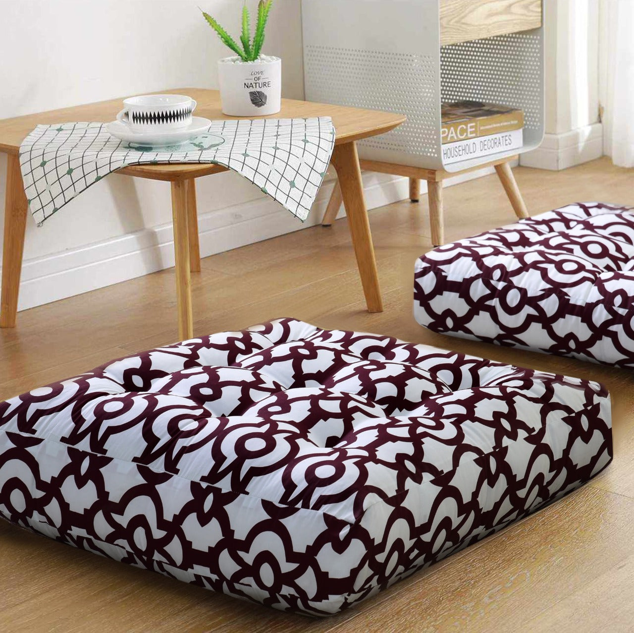 Digital Printed Square Floor Cushions-Trellis cushions Apricot   