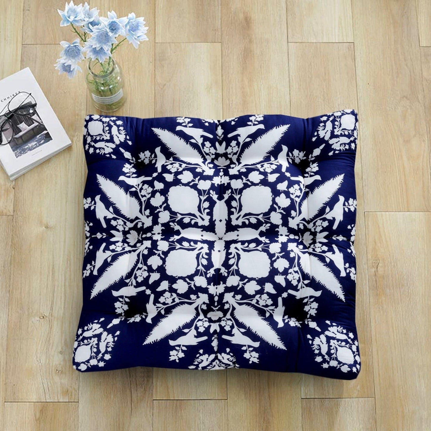 Digital Printed Square Floor Cushions- White Flowers cushions Apricot 1 PC  