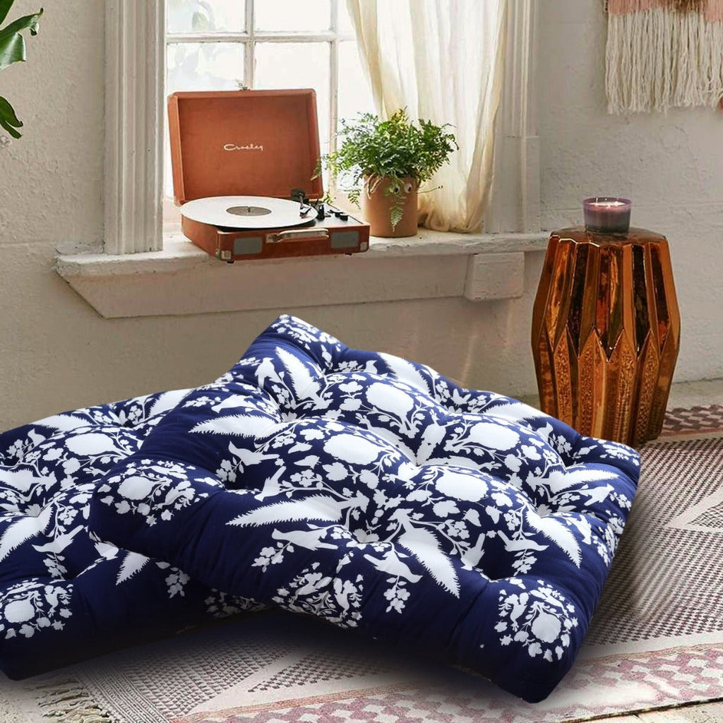 Digital Printed Square Floor Cushions-White Flowers Apricot