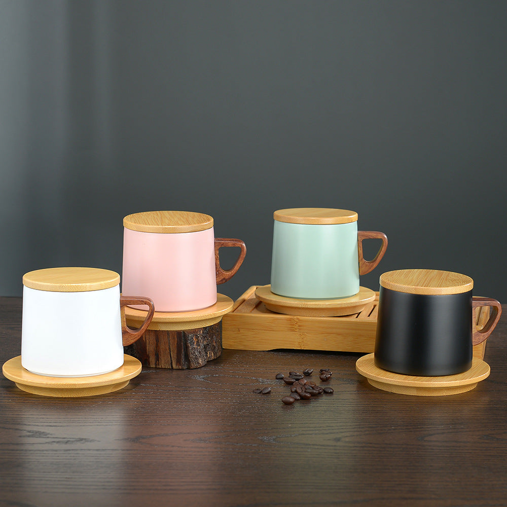 Double Layer Stainless Steal Coffee CUP with Wooden Mat-Pink  Apricot   