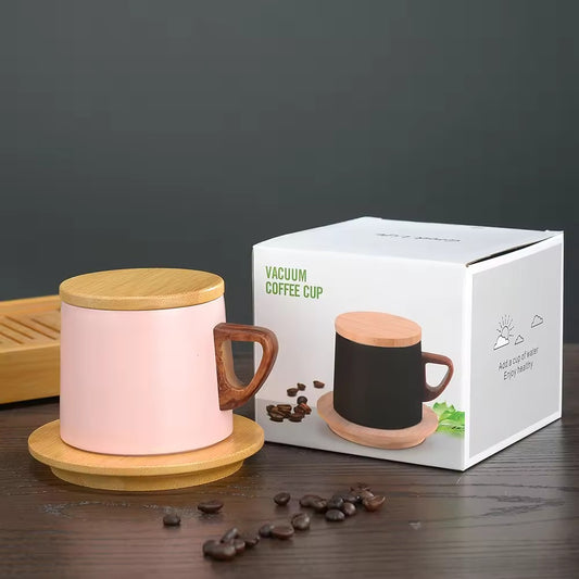 Double Layer Stainless Steal Coffee CUP with Wooden Mat-Pink  Apricot   