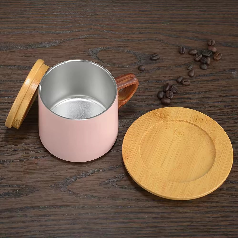 Double Layer Stainless Steal Coffee CUP with Wooden Mat-Pink  Apricot   