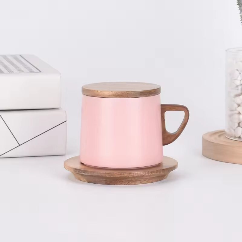 Double Layer Stainless Steal Coffee CUP with Wooden Mat-Pink  Apricot   