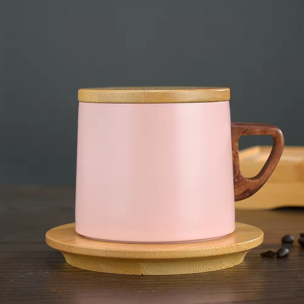 Double Layer Stainless Steal Coffee CUP with Wooden Mat-Pink  Apricot   